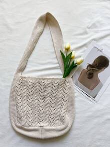 1pc Apricot Ins Style Woven Medium Tote Bag, Women's Original Design Fashion Beach Bag, Shoulder & Crossbody Bag, Hollow Grid Knitting Shopping Grocery Kitchen Storage Bag, Suitable For Daily Use, Dating, Gift For Girlfriend