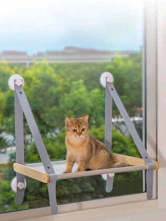 Cama De Gato De Madera Maciza Colgante Gris Para Ventana, Hamaca Para Gato, Percha Para Gato, Asiento Grande Para Ventana, Ahorro De Espacio, 1 Ud.