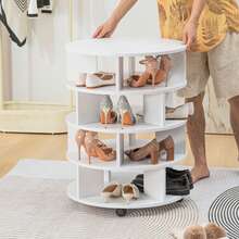 Round Pushable Wooden Shoe Cabinet On Wheels For 16-20 Pairs Of Shoes - 米色 - 查看 7