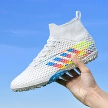 1pair New Men's & Women's Striped Soccer Shoes, Tf Broken Nail Anti-Slip Training Shoes, Outdoor Turf Football Boots, Professional Sports Sneakers, Black Classic High-Top Short Nail Football Shoes