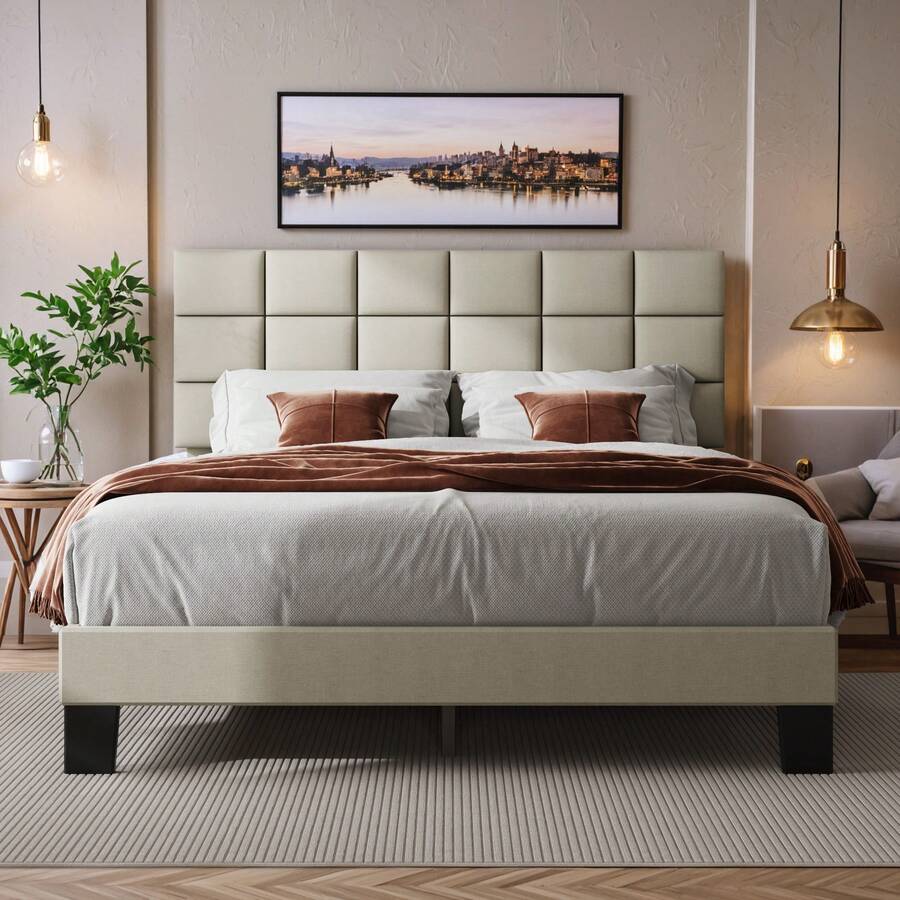 Gunji Bed Frame With Headboard Linen Upholstered Platform Bed, Headboard Adjustable, No Box Spring Needed, Noise Free - 米色 - 查看 1