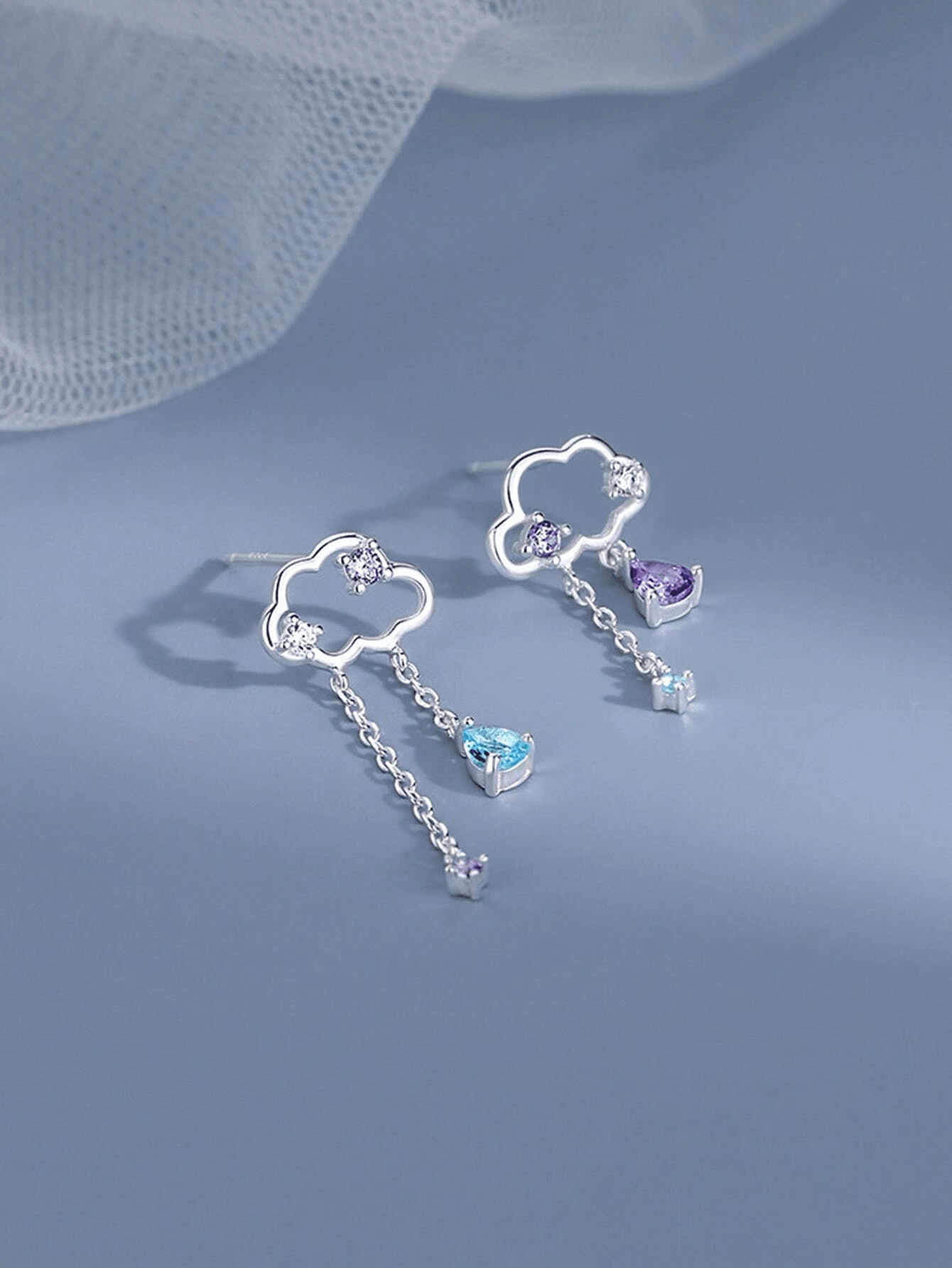 1对女童时尚云朵形镶钻耳环，可爱耳饰 - 彩色 - 查看 1