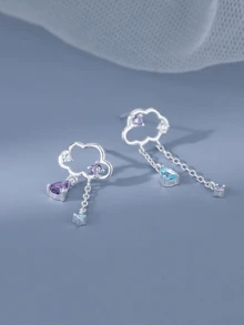 1对女童时尚云朵形镶钻耳环，可爱耳饰 - 彩色 - 查看 2