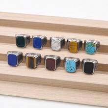 1pc Vintage Style Square Shaped Silver Rimmed Gemstone Ring With Glossy Texture. Great As Gift For Both Men And Women On Valentine's Day, , Mother's Day Etc. - Champagne - View 2