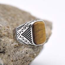 1pc Vintage Style Square Shaped Silver Rimmed Gemstone Ring With Glossy Texture. Great As Gift For Both Men And Women On Valentine's Day, , Mother's Day Etc. - Champagne - View 1