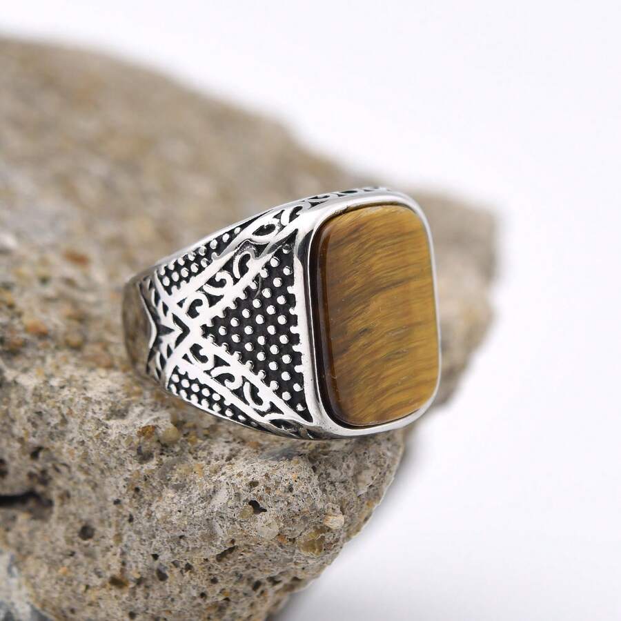 1pc Vintage Style Square Shaped Silver Rimmed Gemstone Ring With Glossy Texture. Great As Gift For Both Men And Women On Valentine's Day, , Mother's Day Etc. - Champagne - View 1