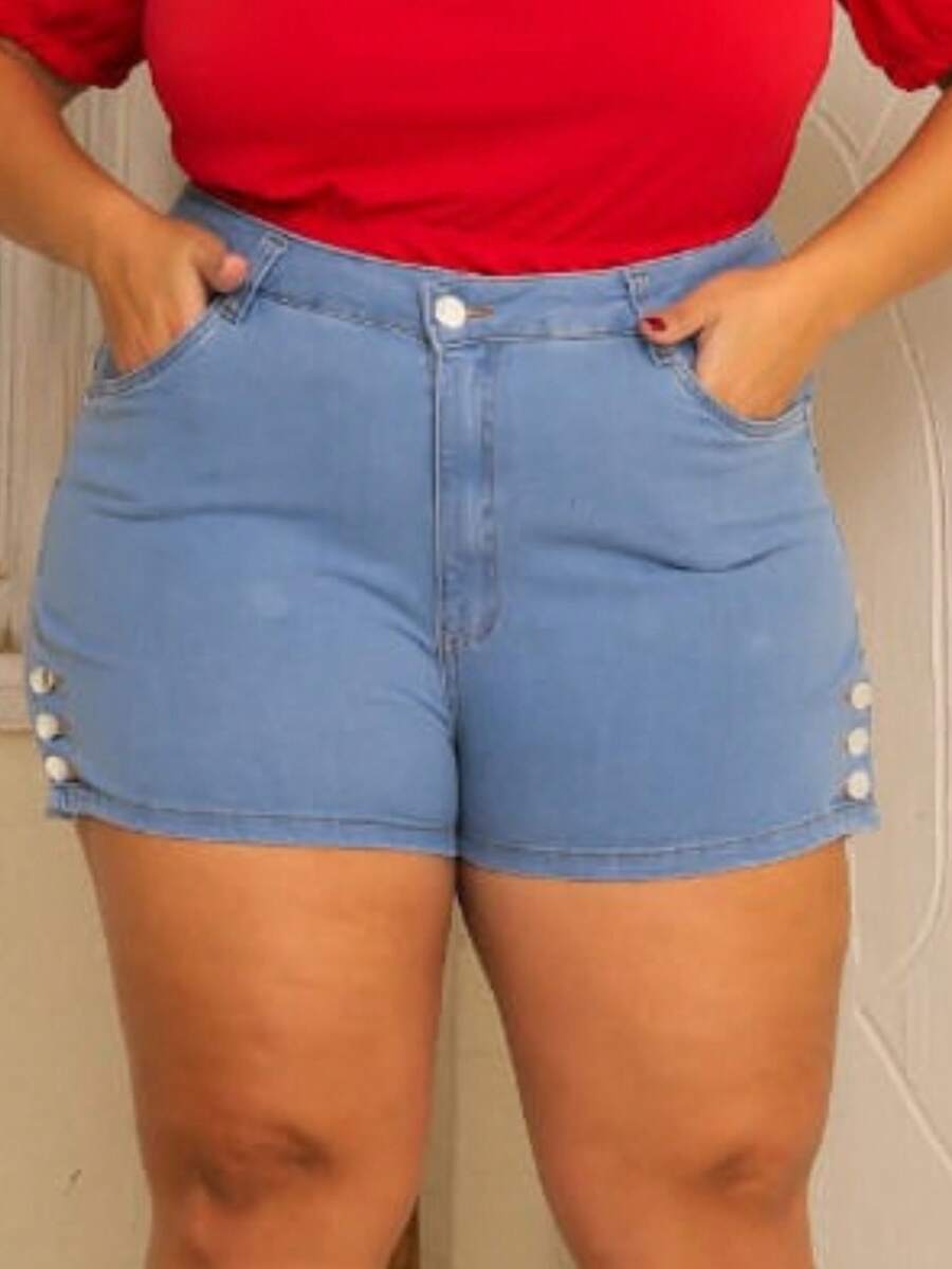 Plus Size Denim Shorts - Light Wash - View 1