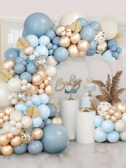 109pcs Blue Gold Confetti Balloon Chain Set & 2pcs Balloon Accessory, Decorative Balloon Arch Kit Perfect For Birthday Wedding Baby Shower Party Wall Background, Family Holiday Party Decoration Supplies,