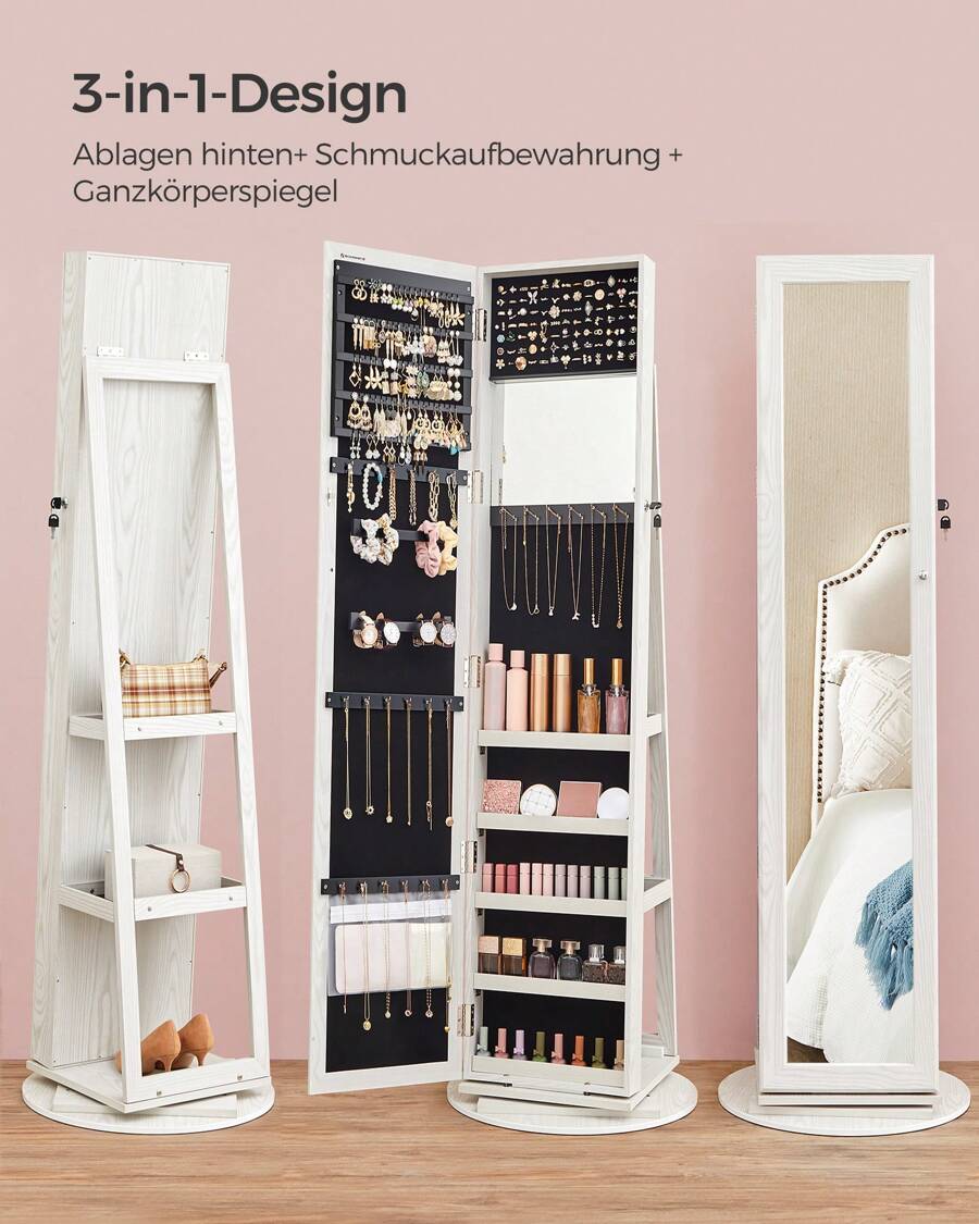 SONGMICS Schmuckschrank, Standspiegel, Spiegelschrank, mit Ganzkörperspiegel, um 360° drehbar, Schmuckaufbewahrung, abschließbar, mit Schlüsseln, Geschenkidee