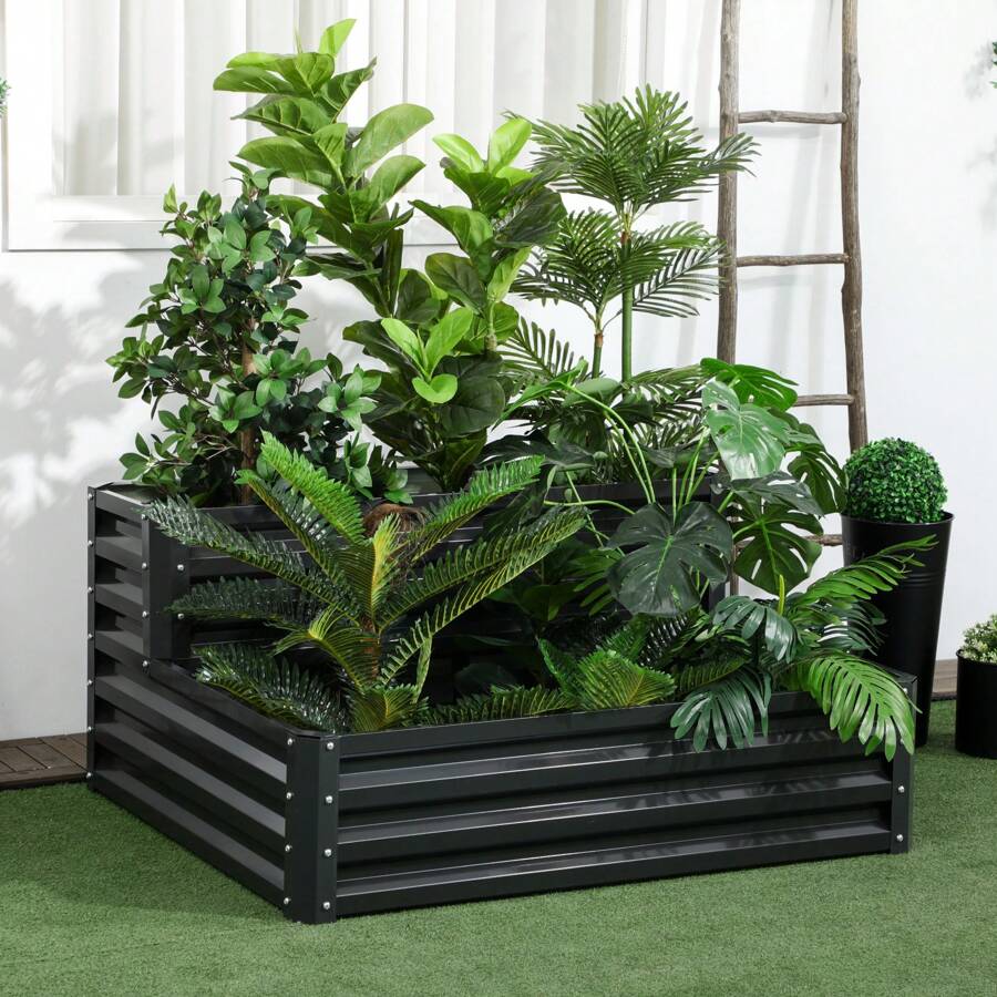 Outsunny Huerto Urbano de 2 Niveles Jardinera Exterior de Acero con Diseño de Escalera para Cultivos Plantas Medicina Herbaria Flores para Terraza Jardín 120x101x58 cm Gris Oscuro - Gris Oscuro - Ver 1