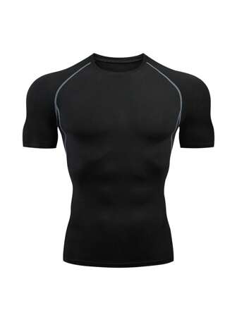 Camiseta Esportiva Masculina De Manga Curta Com Gola Redonda E Ajuste Justo Para Fitness Com Tecnologia Capaz De Absorver Umidade, Modelo Básico