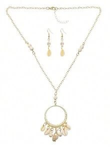 3 件套休閒度假風格綠松石和貝殼項鍊耳環套裝,女士多功能派對珠寶禮物 - 一條項鍊 - 查看 5