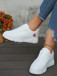 女士白鞋,英式純白皮革運動鞋,圓頭低頂平底滑板鞋,時尚透氣防滑學生鞋 - 白色 - 查看 5