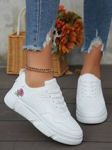 女士白鞋,英式純白皮革運動鞋,圓頭低頂平底滑板鞋,時尚透氣防滑學生鞋 - 白色 - 查看 2