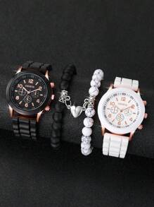 4pcs/Set Couple's Fashionable And Concise Digitally Indexed Dial Quartz Wristwatch + Heart Shaped Beaded Bracelet Set As A Gift For Students Returning To School Valentines - Black and White - View 1