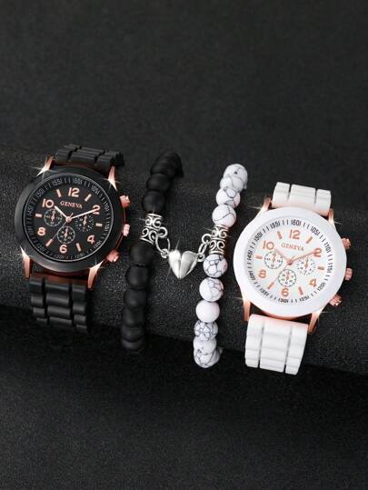 4 pièces/set Montre-bracelet à quartz avec cadran numérique à index élégante et concise pour couple + ensemble de bracelets à perles en forme de cœur en cadeau pour les étudiants retournant à l'école pour la Saint-Valentin