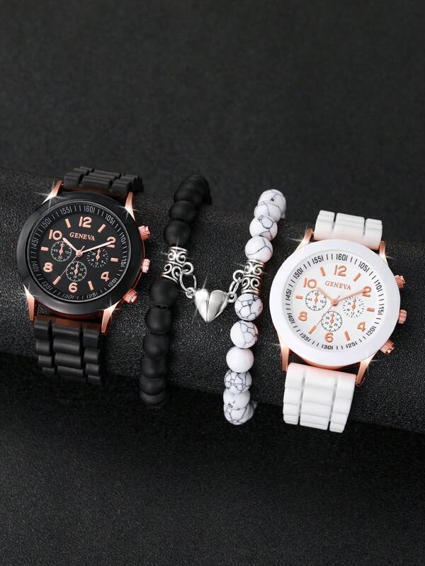 4pcs/Set Couple's Fashionable And Concise Digitally Indexed Dial Quartz Wristwatch + Heart Shaped Beaded Bracelet Set