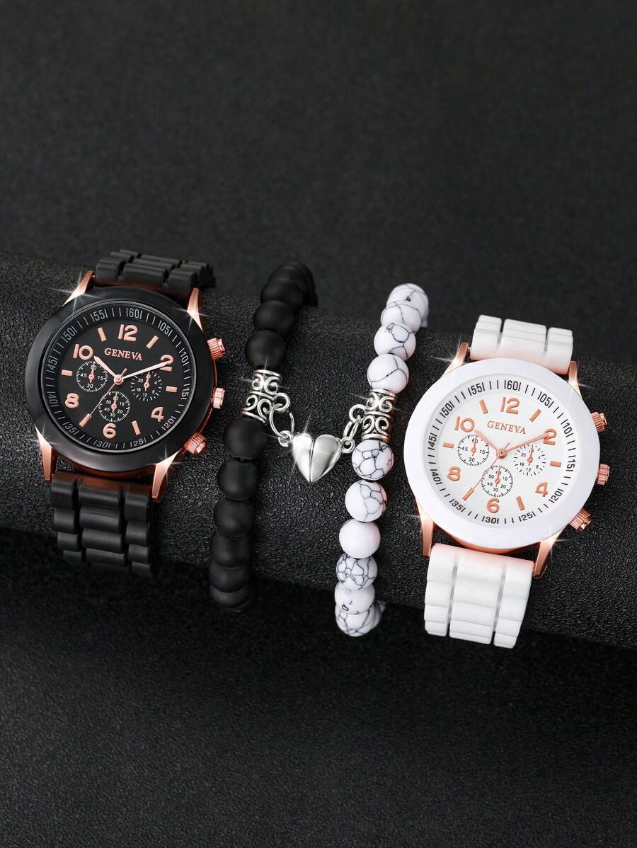 4pcs/Set Couple's Fashionable And Concise Digitally Indexed Dial Quartz Wristwatch + Heart Shaped Beaded Bracelet Set As A Gift For Students Returning To School Valentines - Black and White - View 1