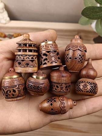 1 件随机图案花梨木镂空雕刻香袋/吊坠/花盆装饰/香炉 适用于家庭、学校、办公室、家居、旅行