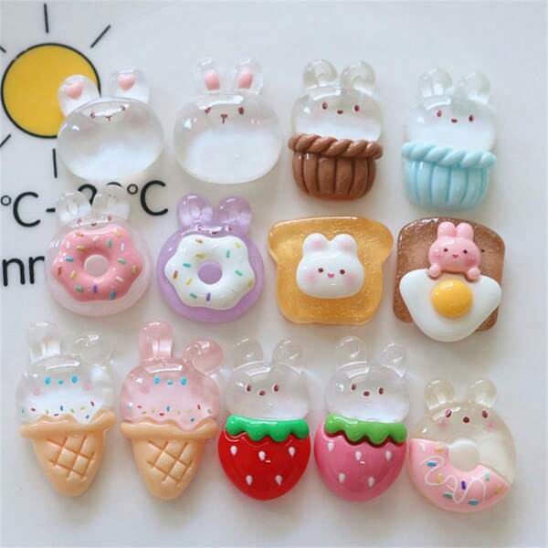 Mixed Pack Of 10 Cute Cartoon Rabbit Ear-Shape Diy Resin Accessories For Earrings, Hair Ornaments, Stationery, Phone Case, Keychains, Cups, Shoes, Refrigerator, Decorations, Stickers And Other Crafting Projects. Comes With Double-Sided Adhesive Tape.