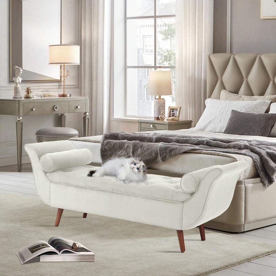 SZLIZCCC Velvet Storage Bench For Bedroom End Of Bed Ottoman, Button-Tufted Upholstered Bed Benches For Bedrooms King With Rolled Arms And 4 Sturdy Wood Legs, Footstool For Bedroom, Living Room - 米色 - 查看 1