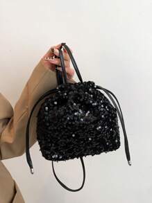1pc Pvc Sparkly Drawstring Closure Fashionable Personalized Goody Bag With Handle, Shoulder Strap For Women's Daily, Party, Banquet Use - Black - View 3