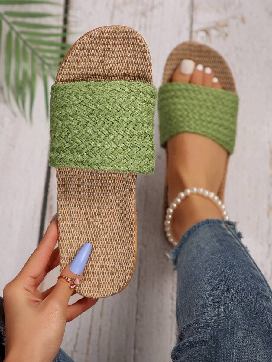 時尚女士編織草繩舒適輕便平底涼鞋,適用於休閒和度假 - 綠色 - 查看 1