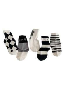 5pairs Children's Socks, Spring Autumn Winter, Cute Diamond & Dog Patterned Mid-Calf Socks, Suitable For Boys, Girls, Infants, Breathable And Light Thin Socks