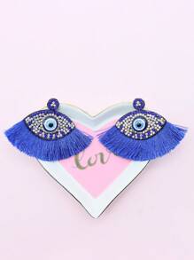 Evil Eye & Rhinestone Decor Tassel Stud Earrings - Black - View 3