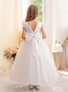 少女白色短袖手工串珠蝴蝶结圣诞派对优雅连衣裙，公主裙，适合女孩生日派对、舞会、毕业典礼、婚礼伴娘、节日庆典等场合。 - 白色 - 查看 8