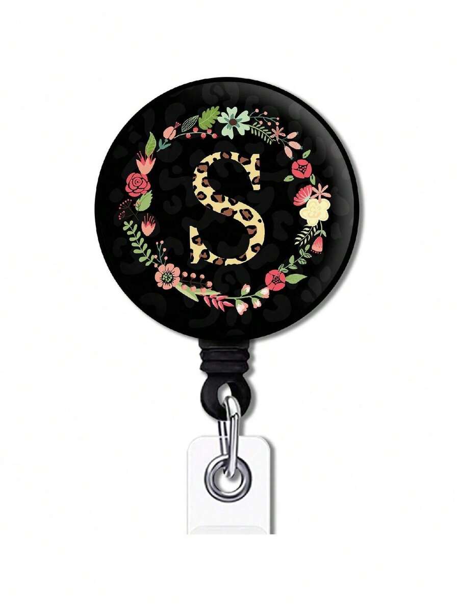 1入個性化伸縮旋轉徽章卷軸，帶字母S，可用作護士、醫生、辦公室工作者、教師、學生等的名牌/識別證卡套、鑰匙扣 - 黑色 - 查看 1