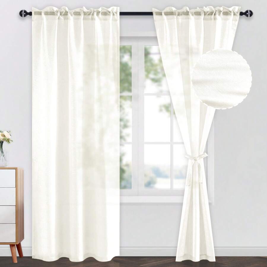 Two Panels Ivory Sheer Curtains, Rod Pocket And Back Tab Light Filtering Semi Transparent Voile