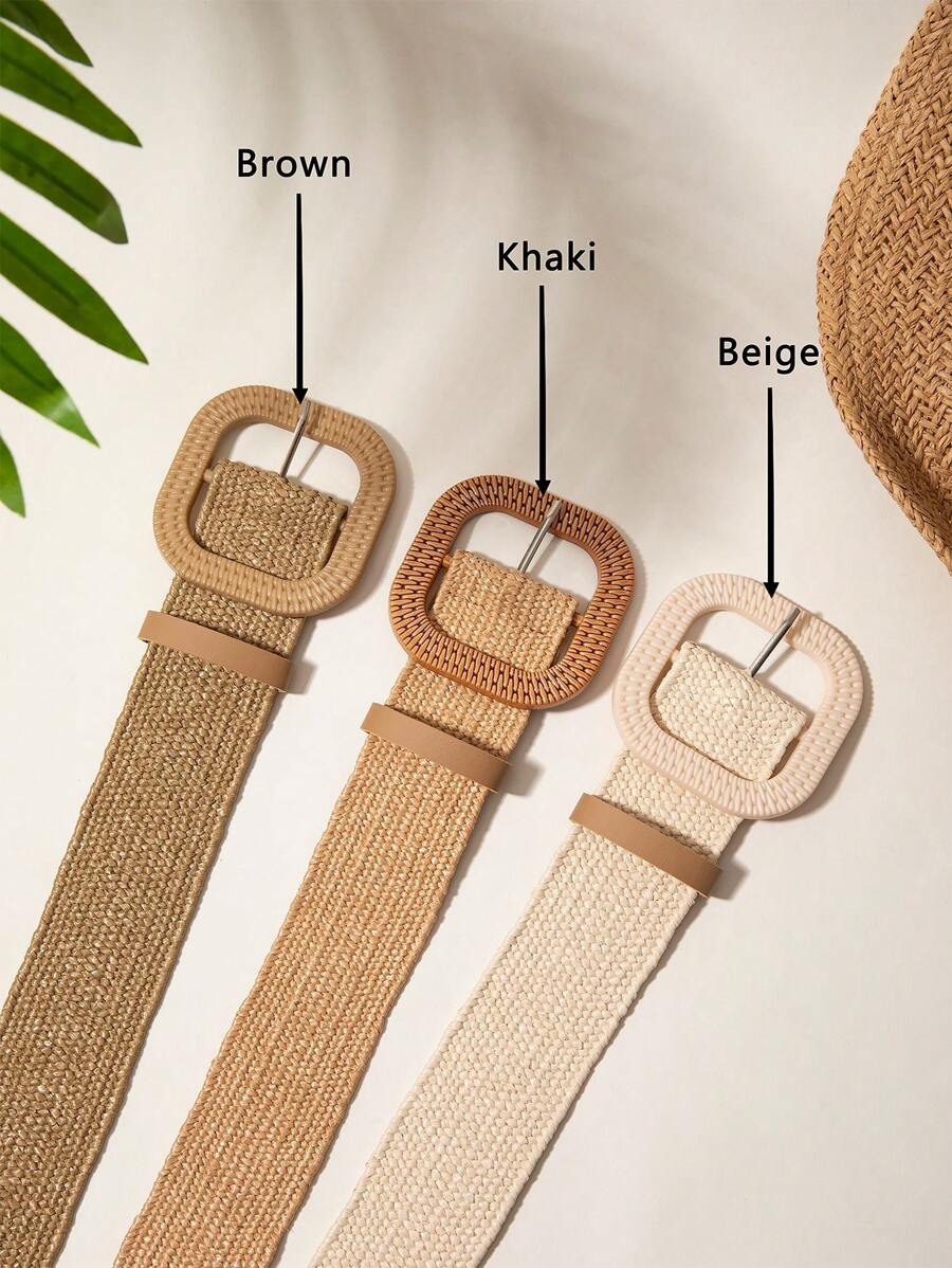 1pc Women's Bohemian Style Skirt Set For Summer With Square Buckle Woven Pp Straw Belt Boho Summer, School Fall, Autumn, Halloween - Square Buckle - View 1