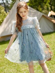 Vestido De Superposición De Malla Con Apliques De Mariposa Y Borde De Volantes Para Niñas Preadolescentes - Azul - Ver 7