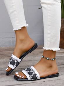 女士优雅刺绣拖鞋，平底露趾休闲一脚蹬拖鞋，时尚百搭，适合 2025 年夏季 - 黑色 - 查看 6