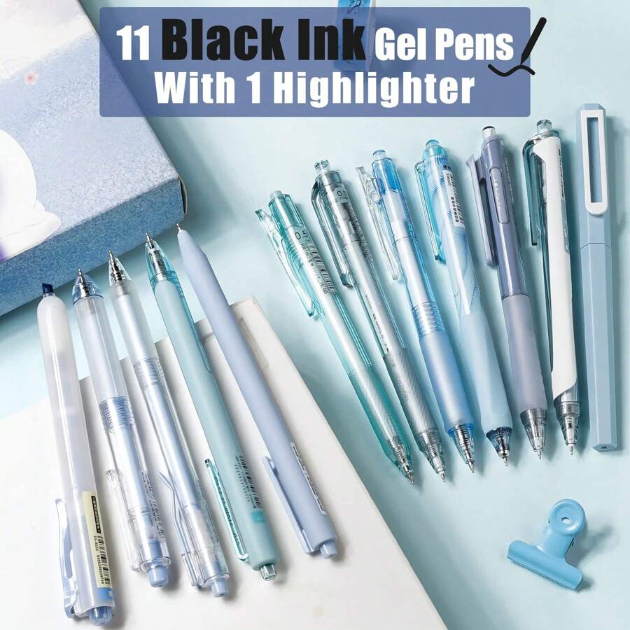 12Pack Pastel Gel Ink Pen Set, Cute Note Taking 0.5mm Fine Point Retractable 11 Pack Black Ink Pens With 1Pack Highlighter For Writing, School, Office - Blue - View 1