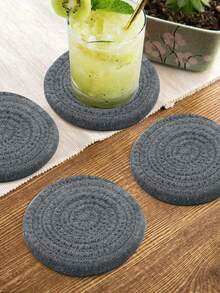1pc 12cm Coaster, Woven Round Drink Insulation Mat, Absorbent Anti-Heat Cup Pad - Dark Grey - View 4