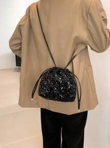 1pc Pvc Sparkly Drawstring Closure Fashionable Personalized Goody Bag With Handle, Shoulder Strap For Women's Daily, Party, Banquet Use - Black - View 6
