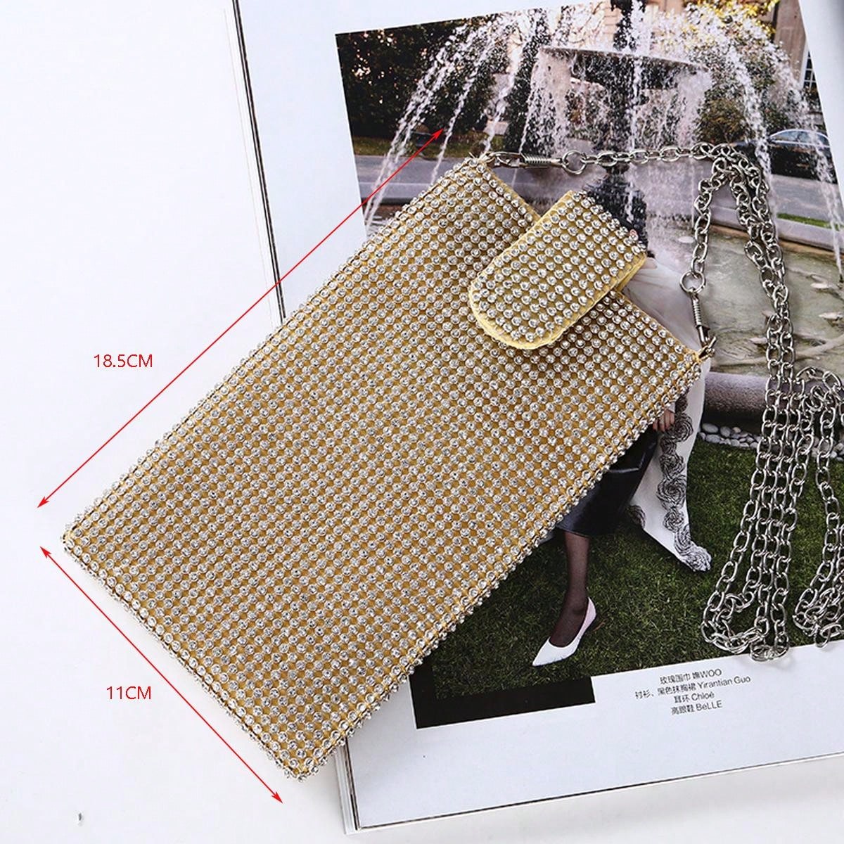 Shiny Rhinestone Phone Purse, Shoulder Mini Bag, Metal Chain Mobile