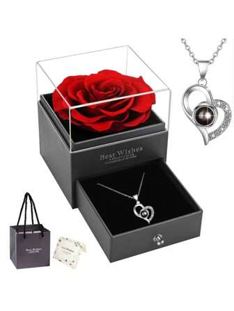1pc Romantische Liefde "I Love You" Geprojecteerde Stenen Ketting In Rozenbloem Geschenkdoos Met Geconserveerde Bloem, Enkele Geschenkdoos Voor Kettinghanger In Ladevormige Geschenkdoos Met "I Love You" Projectie In 100 Talen. Geschikt Als Vakantiegeschenk