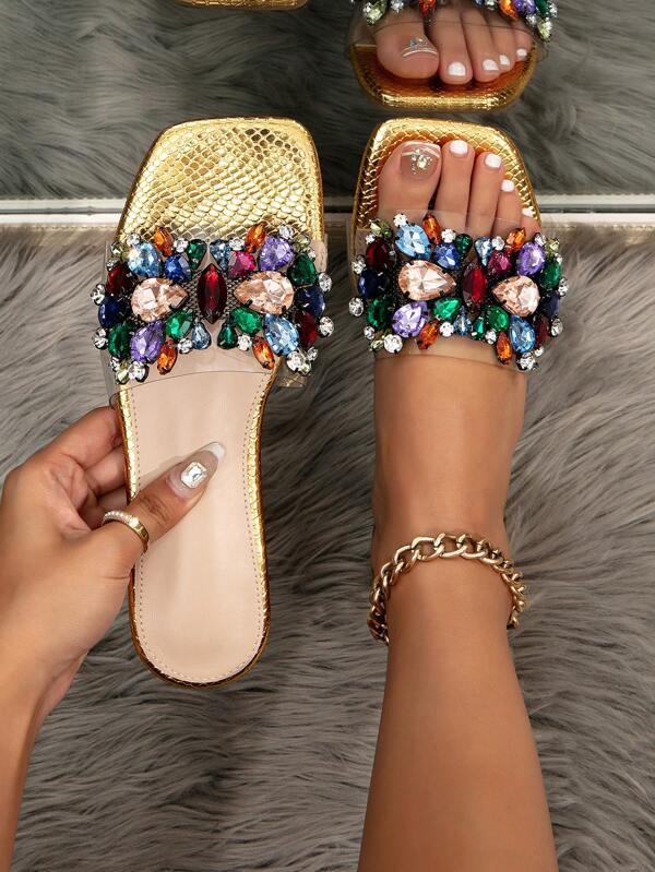 Women's Gold Anti-Slip Flat Sandals, New Fashion Korean Style Rhinestone Slip-Ons, Beach Plus Size Soft Flat Open Toe Sandals, Outdoor Non-Slip Slippers