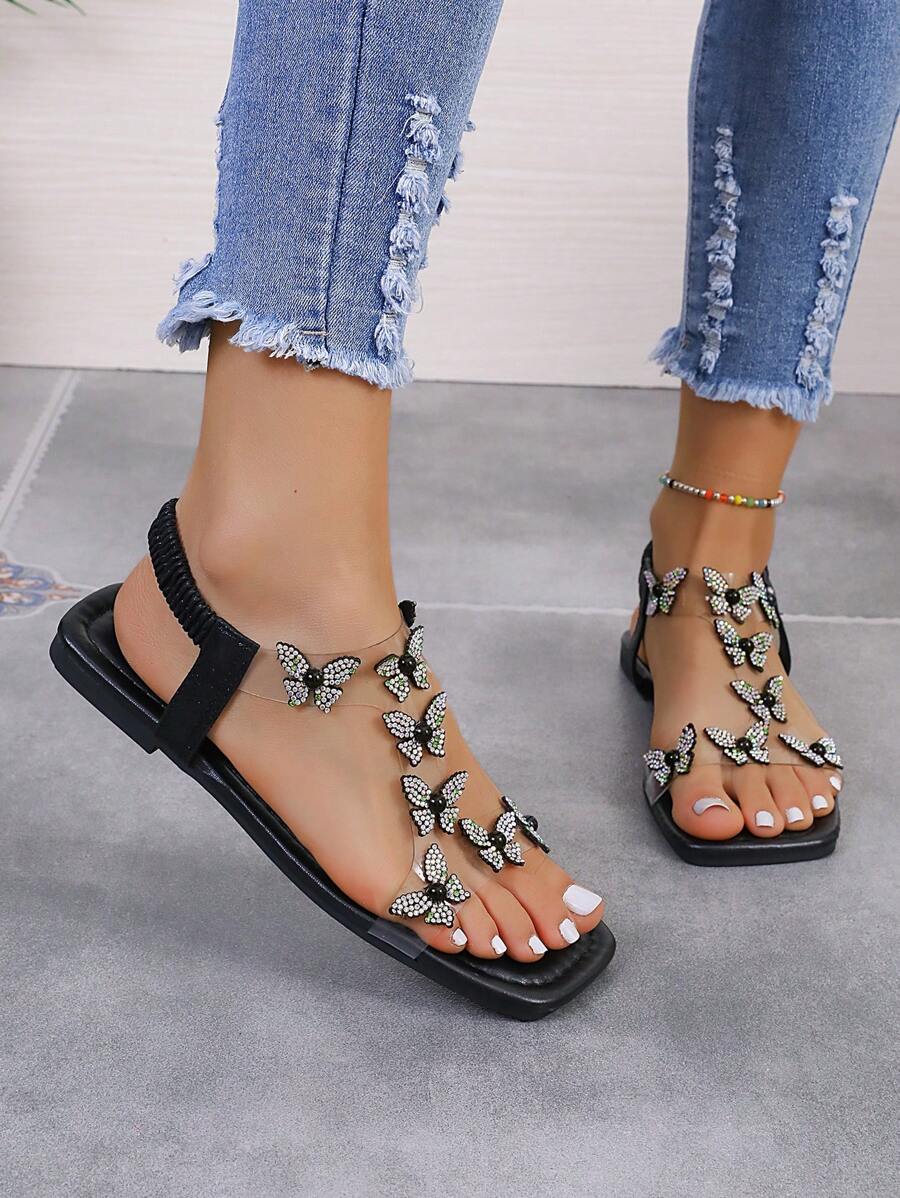 Versatile Rhinestone Butterfly Decor Transparent Strap Women's Wide Feet Flat Roman Sandals For Summer Beach - Black - View 1