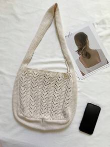 1pc Apricot Ins Style Woven Medium Tote Bag, Women's Original Design Fashion Beach Bag, Shoulder & Crossbody Bag, Hollow Grid Knitting Shopping Grocery Kitchen Storage Bag, Suitable For Daily Use, Dating, Gift For Girlfriend