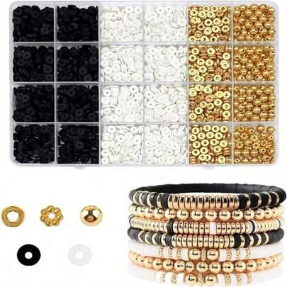 2000 pièces Jeu de perles en argile noir et blanc pour la création de bracelets et de bracelets, perles rondes plates en argile de 6 mm, artisanat DIY et cadeau fait main pour femmes et filles