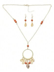 3 件套休閒度假風格綠松石和貝殼項鍊耳環套裝,女士多功能派對珠寶禮物 - 一條項鍊 - 查看 6