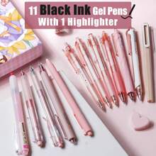 12Pack Pastel Gel Ink Pen Set, Cute Note Taking 0.5mm Fine Point Retractable 11 Pack Black Ink Pens With 1Pack Highlighter For Writing, School, Office - Pink - View 1