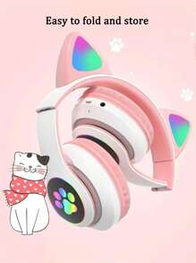 Auriculares Inalámbricos Retráctiles Plegables Con Luz Colorida En Forma De Orejas De Gato - Rosa - Ver 1