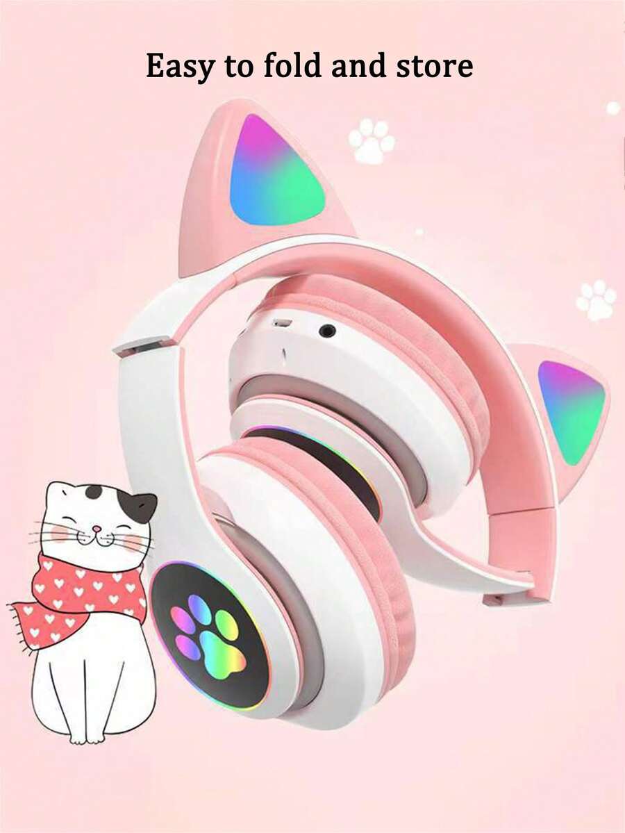 Auriculares Inalámbricos Retráctiles Plegables Con Luz Colorida En Forma De Orejas De Gato - Rosa - Ver 1