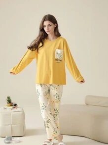 1 Set Women Sleepwear, Comfortable Long Sleeve Shirt & Long Pants, Cute & Sweet, Random Color Dispatched, Suitable For Home Wearing & Outdoor Wear - Yellow - View 1