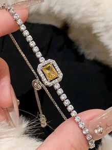 1 Pieza Pulsera Decorativa Ajustable Con Circonia Cúbica Cuadrada Minimalista De Moda Adecuada Para Uso Diario De Mujeres - pulsera cuadrada - Ver 13